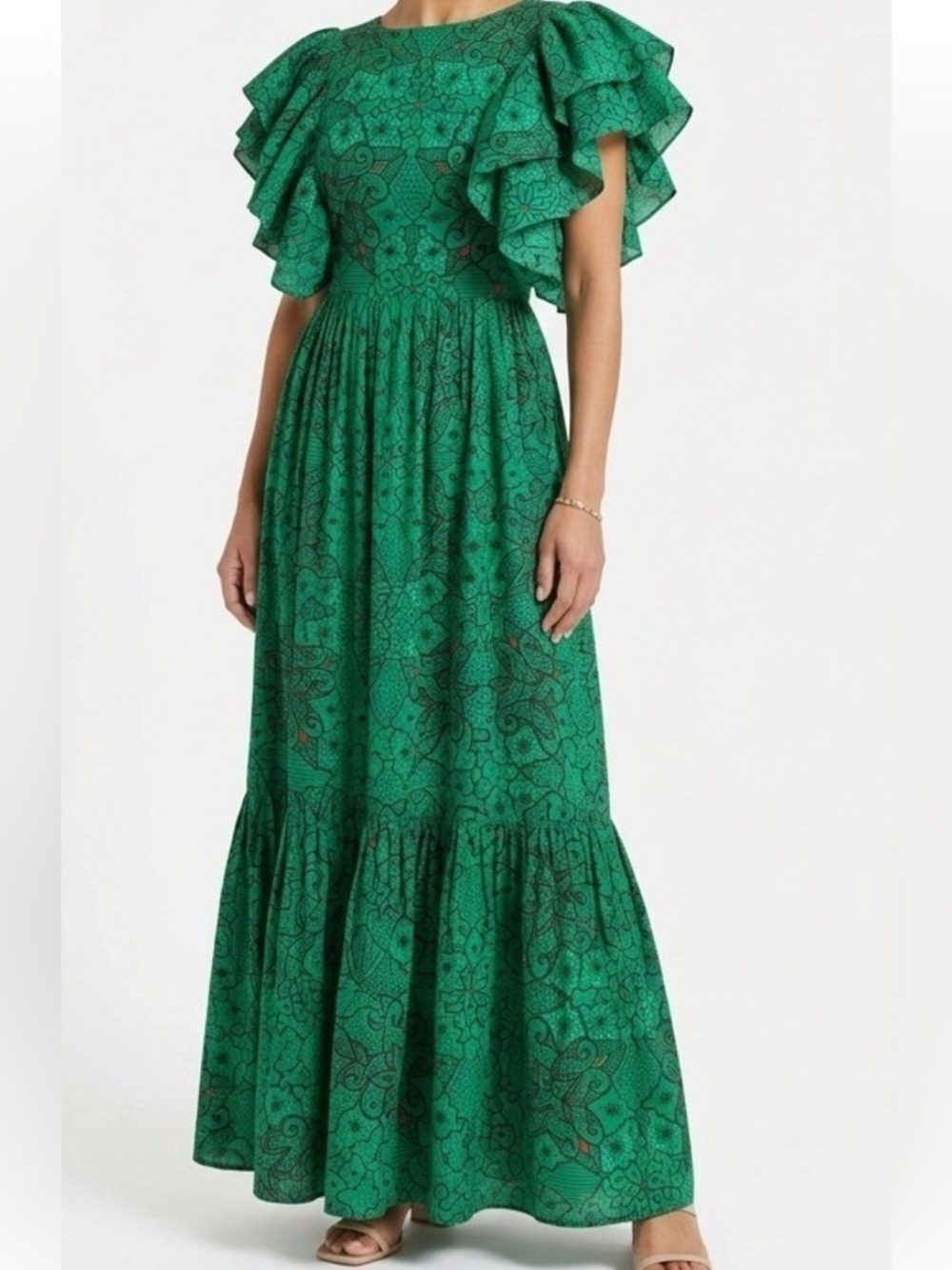 Ro's Garden Green Printed Maxi Dress with Open Back